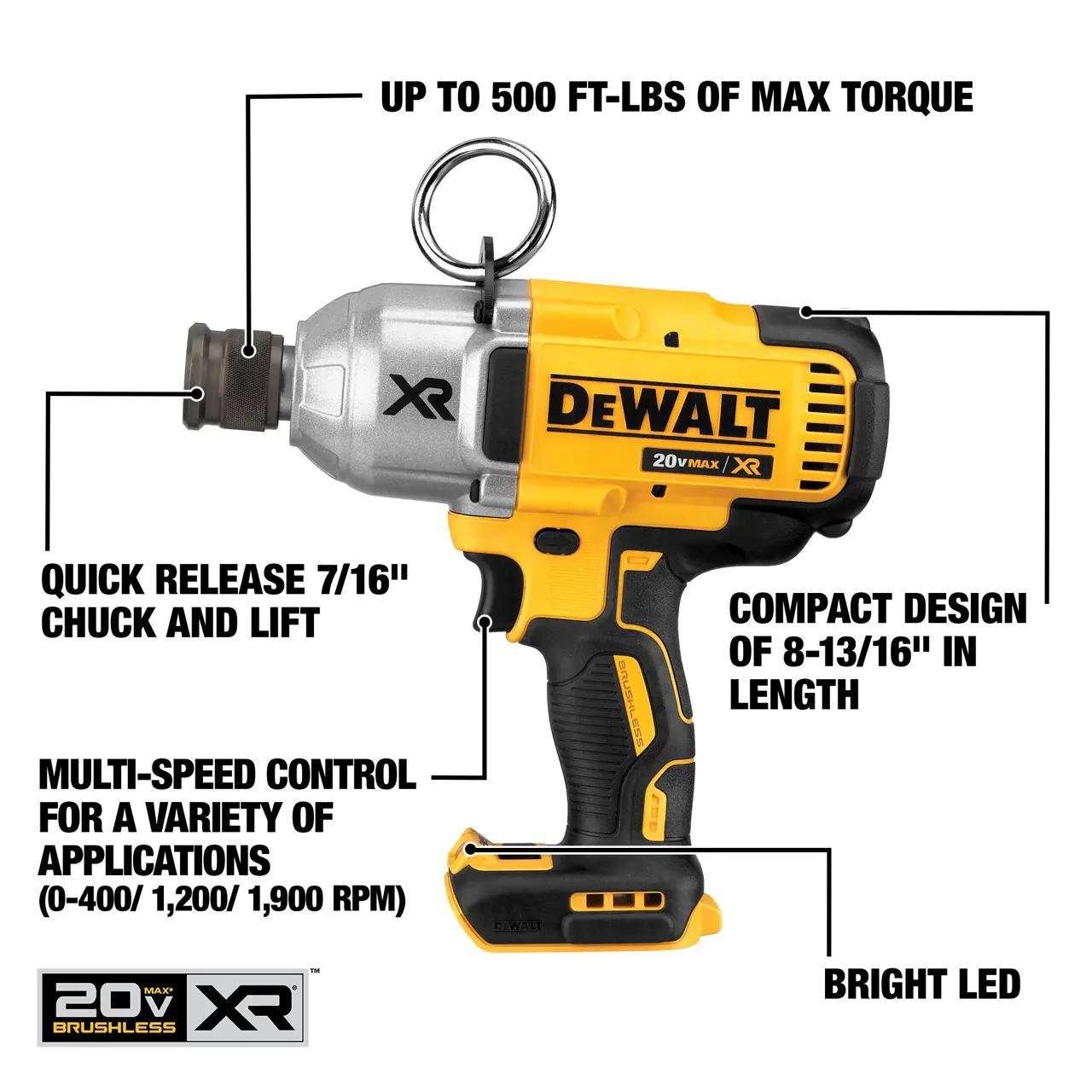 DeWalt 20V-MAX-XR-HIGH-TORQUE-716-IMPACT-WRENCH-QUICK-RELEASE-CHUCK-TOOL-ONLY