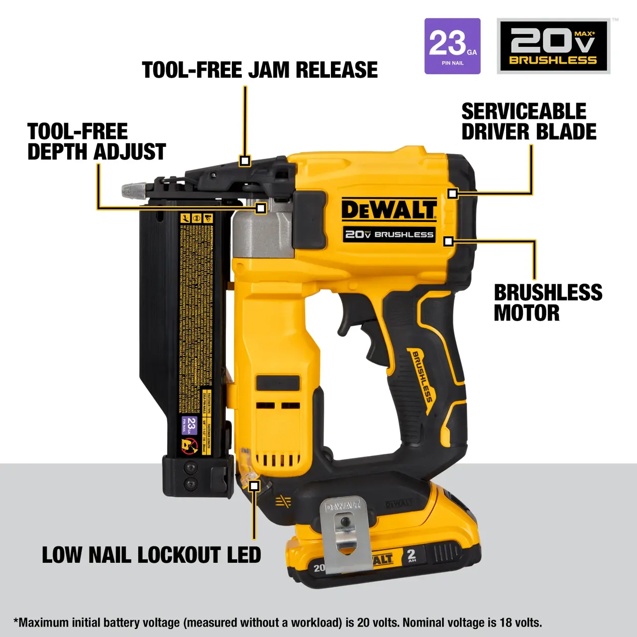 DeWalt ATOMIC-COMPACT-SERIES-20V-MAX-BRUSHLESS-CORDLESS-23-GA-PIN-NAILER-KIT