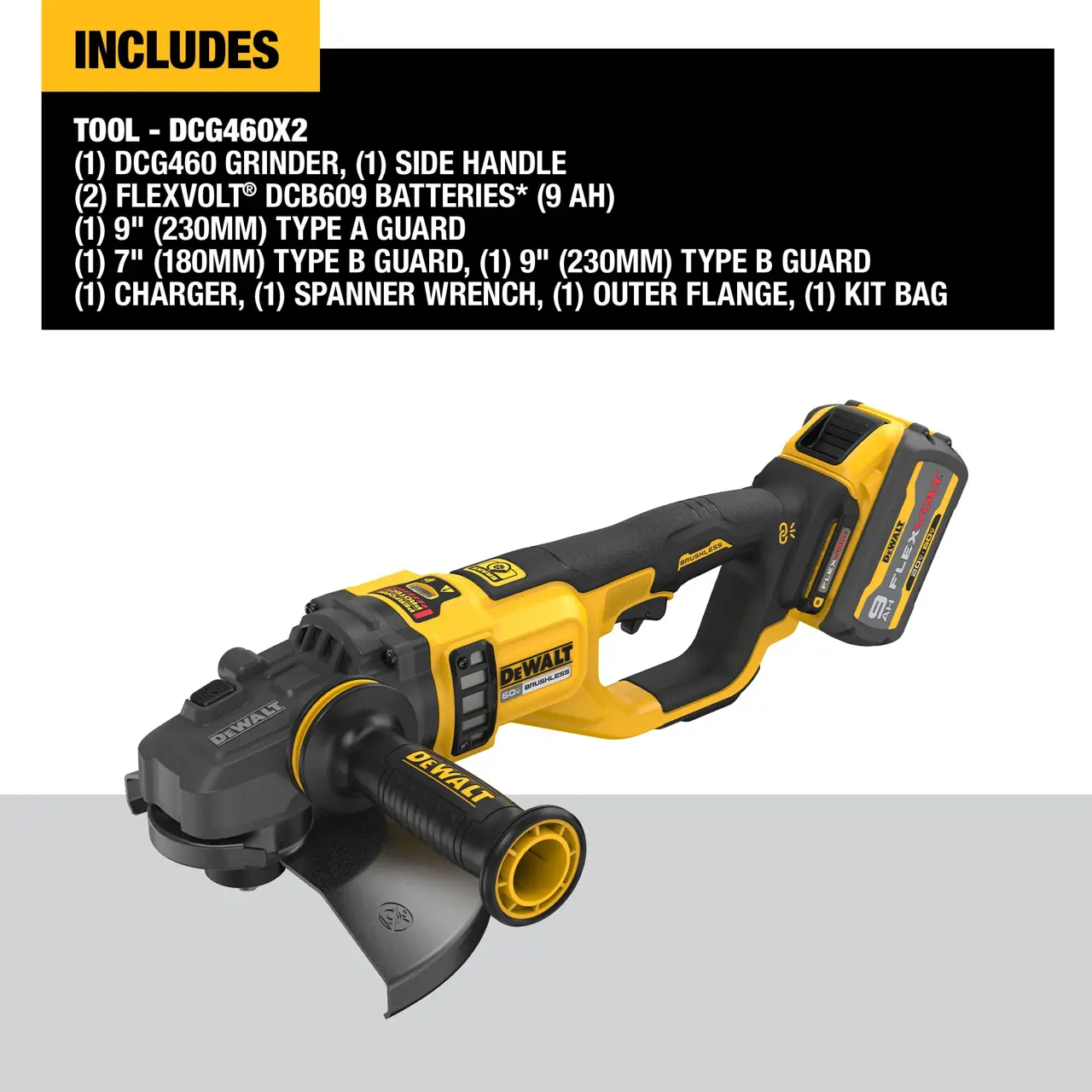 DeWalt FLEXVOLT-60V-MAX-7-9-178MM-230MM-CORDLESS-LARGE-ANGLE-GRINDER-2-90-AH-BATTERIES